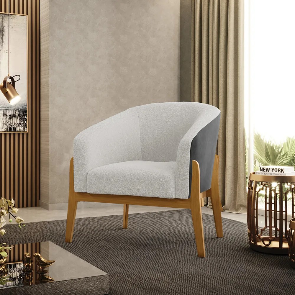 Poltrona Decorativa Base Madeira Kit 2 Stella PU Preto/Bouclê D03 - D'Rossi - Off White