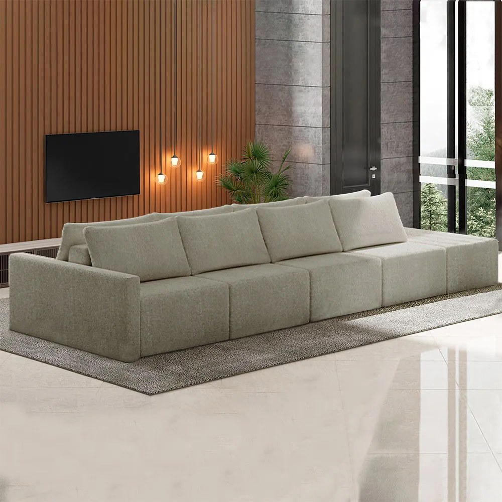 Sofá Ilha Modulado Milos 392cm Puff Lateral Bouclê Bege G33 - Gran Belo
