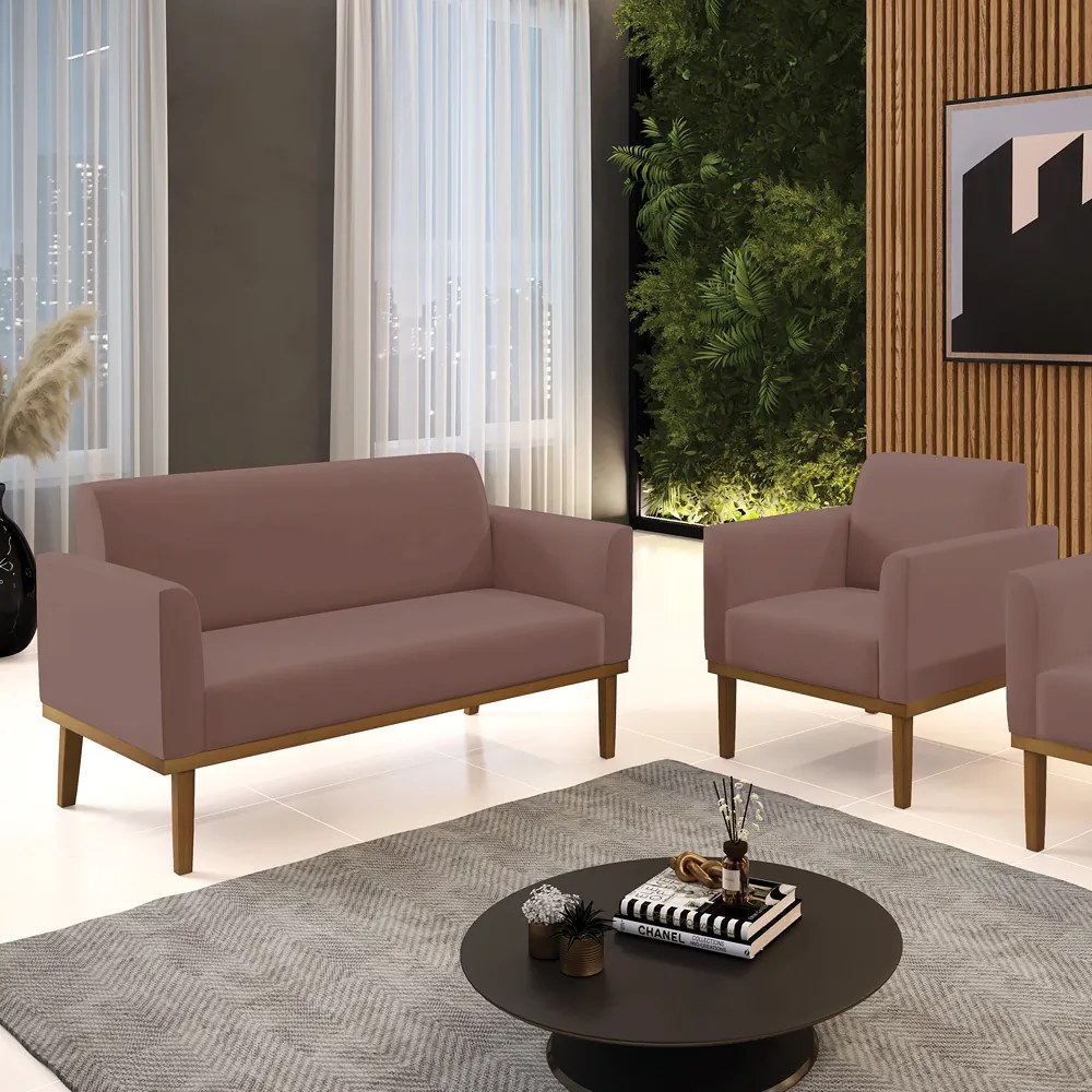 Conjunto Poltrona e Namoradeira Decorativa Isabella Pés Fixo em Madeira Castanho Veludo Rose G19 - Gran Belo