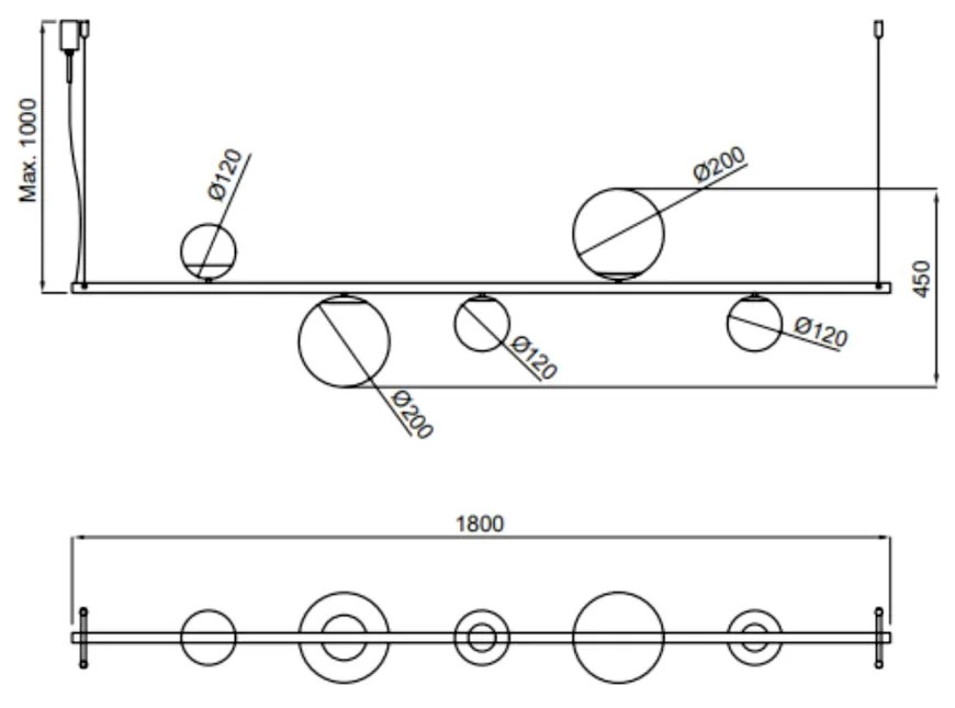 Pendente Organic Horizontal 20X10X180 Alumínio E Globo Ø12Cm / Ø20Cm -... (CP-M - Champanhe Metálico)