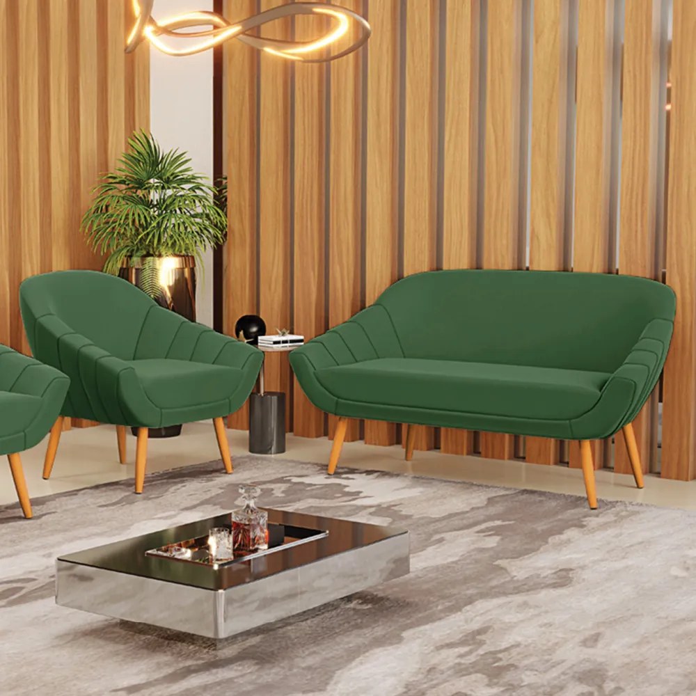 Kit 01 Namoradeira 02 Lugares e 01 Poltrona Giovana Suede Pés Palito Castanho - Indo Decorar - Verde