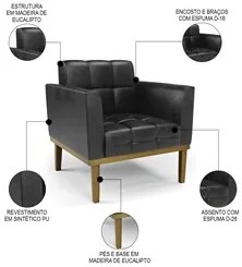 Poltrona Decorativa Base Madeira Castanho Ana Sintético PU Preto- Ibiz
