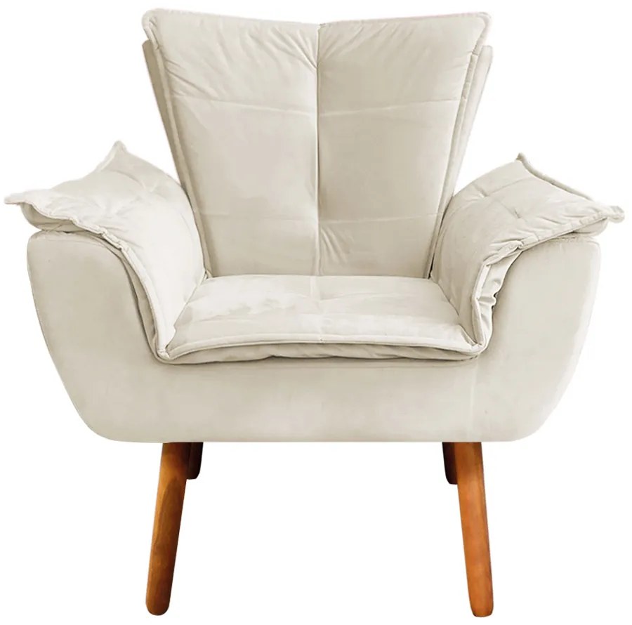 Poltrona e Puff Decorativo Pé Palito de Madeira Opala Veludo Bege D03 - D'Rossi