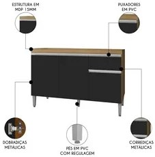 Balcão de Cozinha Para Pia 120cm 1 Gaveta Tatiane Amêndoa/Preto - AJL