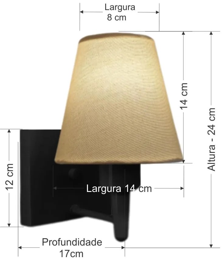 Arandela Quadrada Md-2034 Preto Cúpula em Tecido Cone Algodão Crú - Bivolt