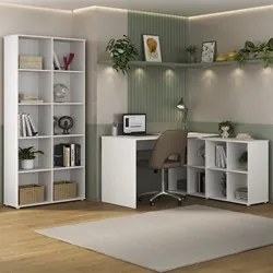 Mesa Escrivaninha em L Eron e Estante Livreiro 90x187cm Lean A06 Branc
