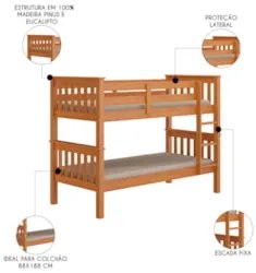 Beliche Solteiro Juvenil com Escada Fixa Bliss Z40 Mel Acetinado - Mpo