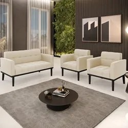 Sofá Namoradeira e 2 Poltronas Base Madeira Preto Ana Suede Bege - Ibi