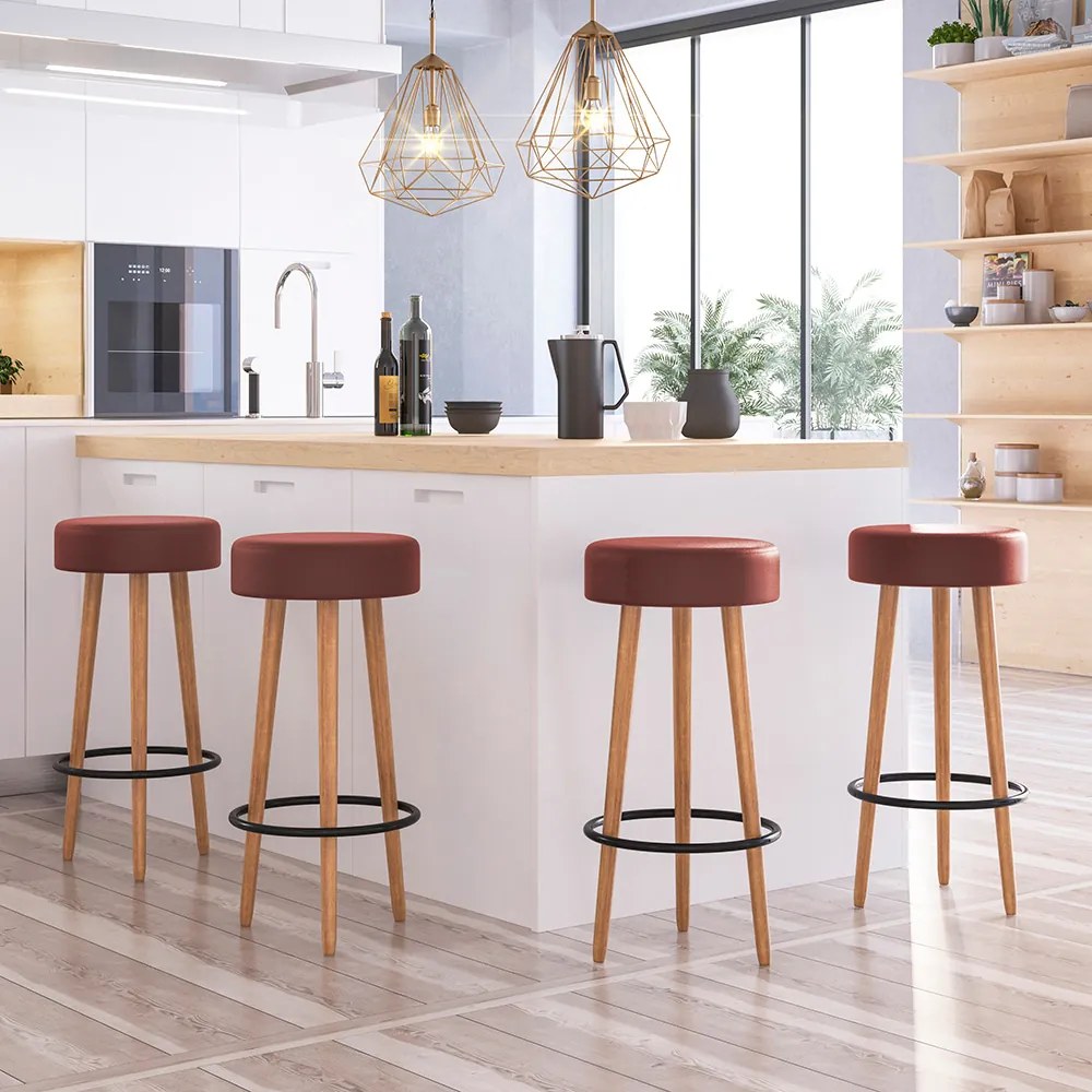 Banqueta Alta para Cozinha Base Madeira Kit 4 Dani Sintético PU Telha S02 - D'Rossi