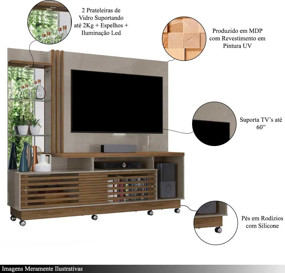 Home Theater Stall 2 Portas 2 Prateleiras Iluminação LED até 60 Fendi/Naturale G97 - Gran Belo