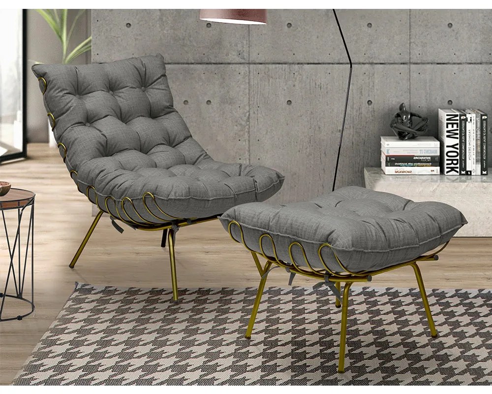 Conjunto Decorativo Poltrona e Puff Abel Base de Ferro Dourada Linho Grafite G41 - Gran Belo