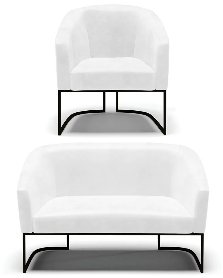 Sofá Namoradeira e Poltrona Base Industrial Preto Stella Sintético PU D03 - D'Rossi - Branco