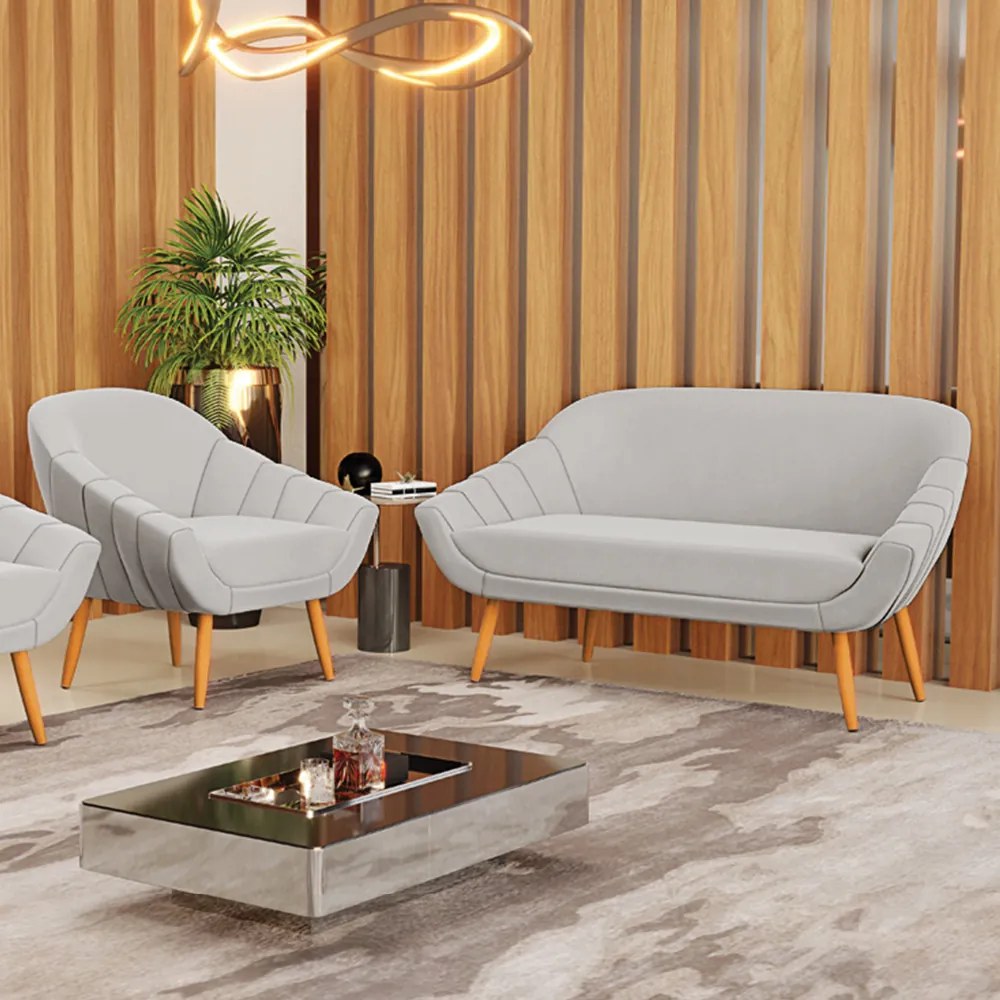Kit 01 Namoradeira 02 Lugares e 01 Poltrona Giovana Veludo Cinza Pés Palito Castanho - Indo Decorar