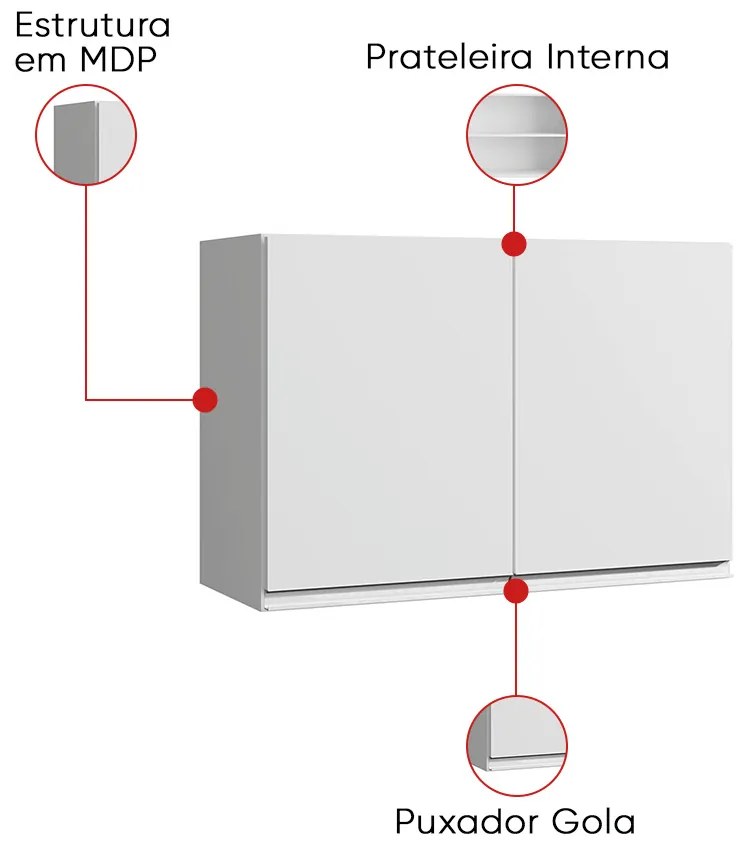 Armário Cozinha Aéreo 81cm com 2 Portas Leticia A01 - D'Rossi - Branco
