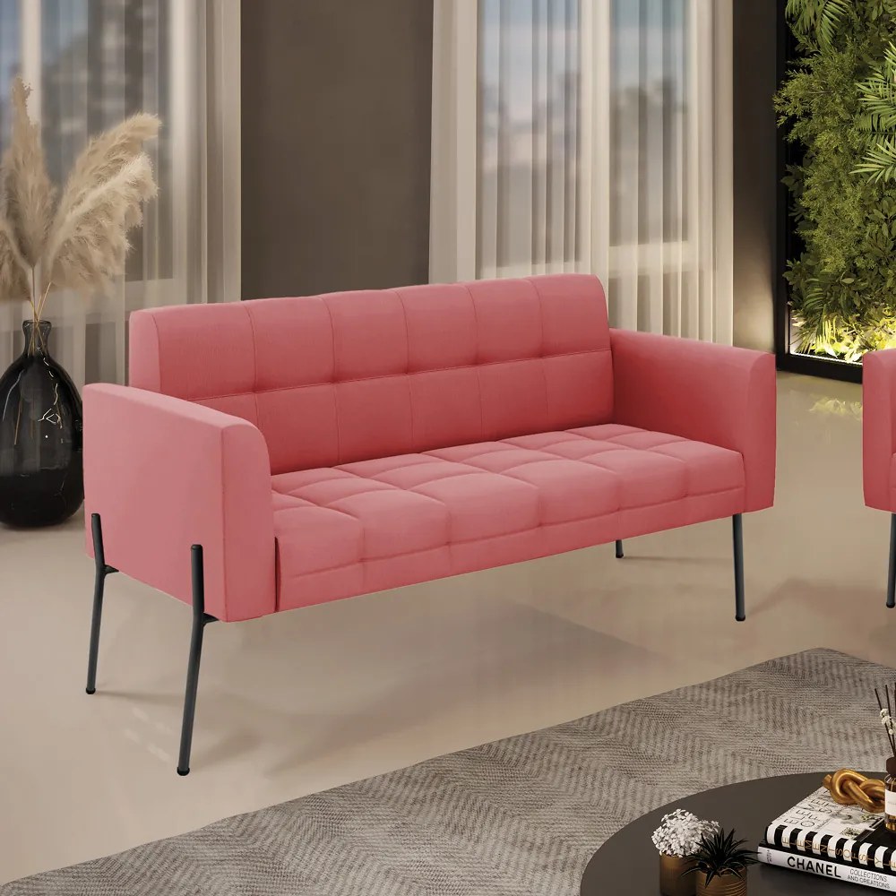 Sofá Namoradeira 2 Lugares Pé de Ferro Preto Elisa Suede D03 - D'Rossi - Rose