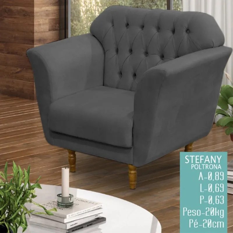 Poltrona Decorativa Pés Madeira Stefany Suede Cinza - Sheep Estofados - Cinza