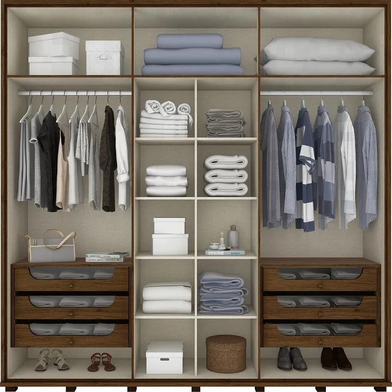 Roupeiro Guarda Roupa Casal 6 portas 6 Gavetas Castanho Henn