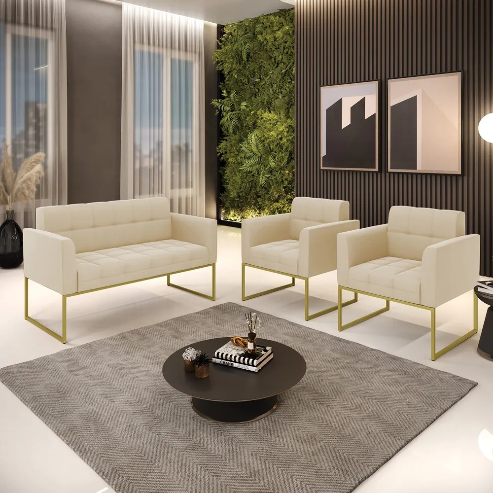 Kit 1 Sofá Namoradeira e 2 Poltronas Elisa Suede Bege Base Metálica Industrial Dourado - D'Rossi
