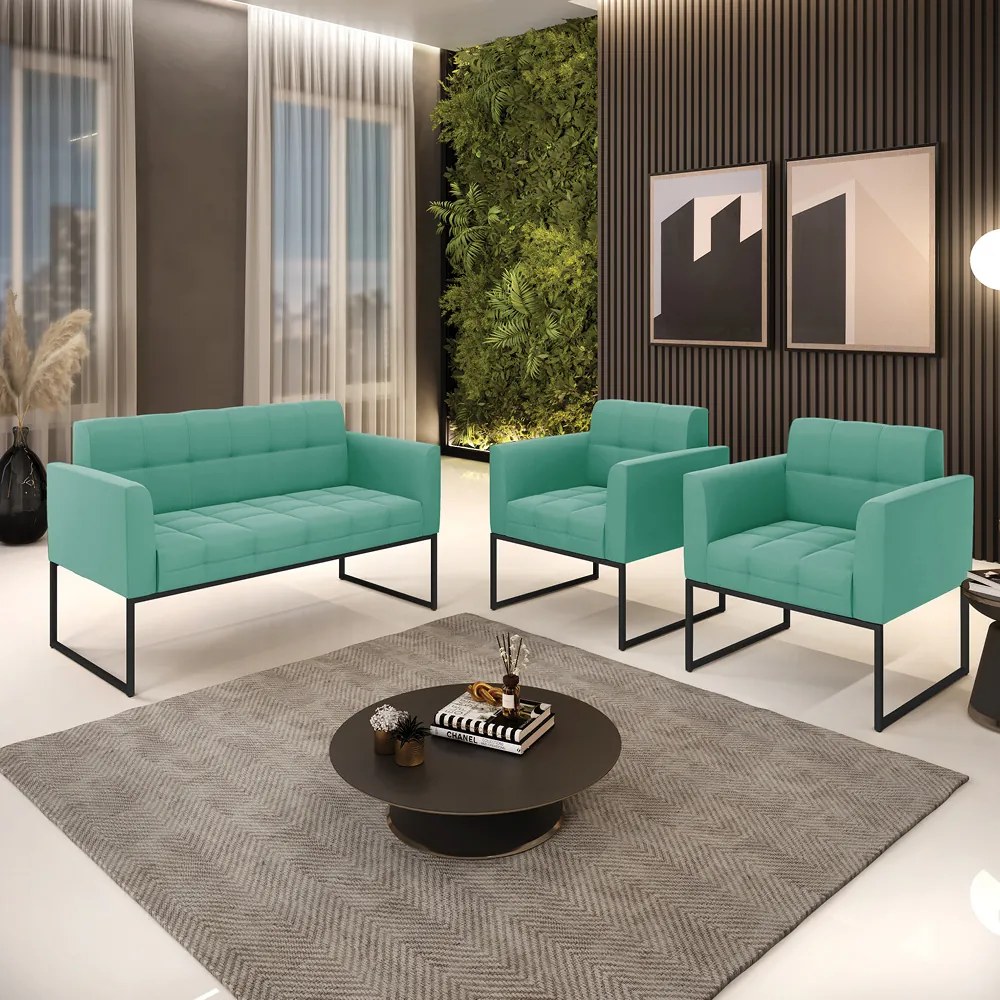 Kit 1 Sofá Namoradeira e 2 Poltronas Elisa Suede Base Metálica Industrial Preto D03 - D'Rossi - Azul Turquesa