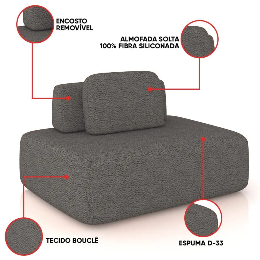 Sofá Módulo Central 140cm Orgânico Sala Berlim Bouclê K01 - D'Rossi - Grafite