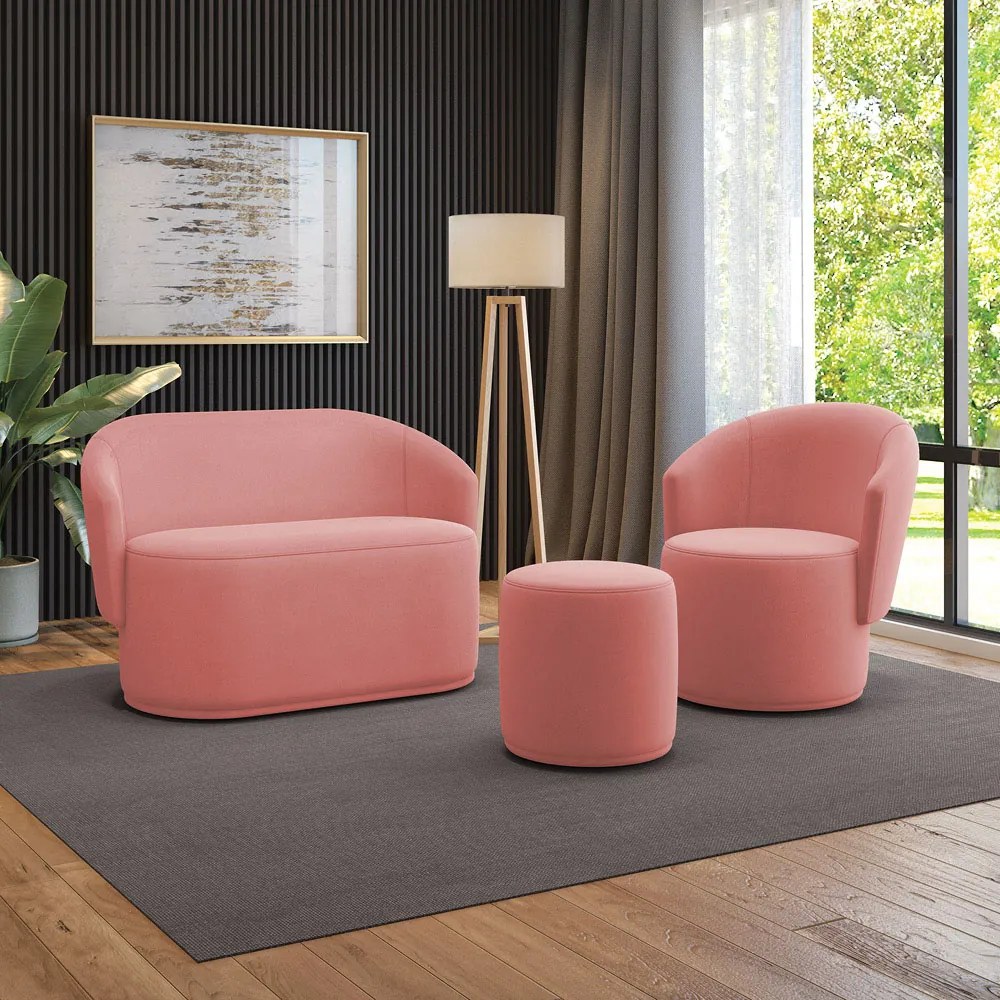 Sofá Namoradeira com Poltrona e Puff Orgânico Sala Malu Suede M11 - D'Rossi - Rose
