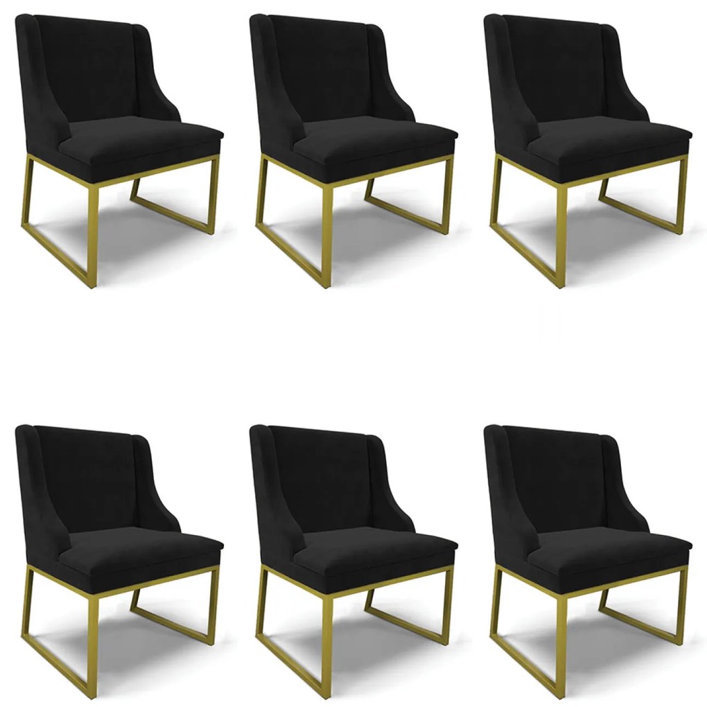 Cadeira Sala de Jantar Industrial Dourado Kit 6 Liz Suede D03 - D'Rossi - Preto