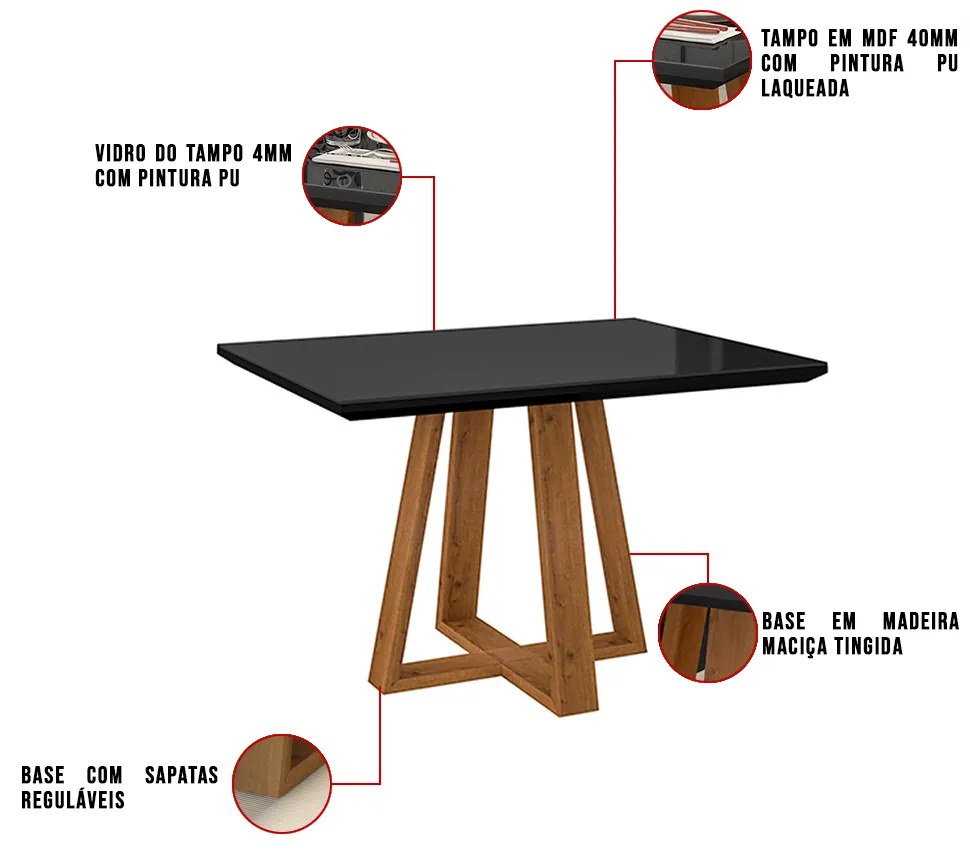 Mesa de Jantar Retangular Brenda 120x90 cm Preto com Base de Madeira Mel - D'Rossi