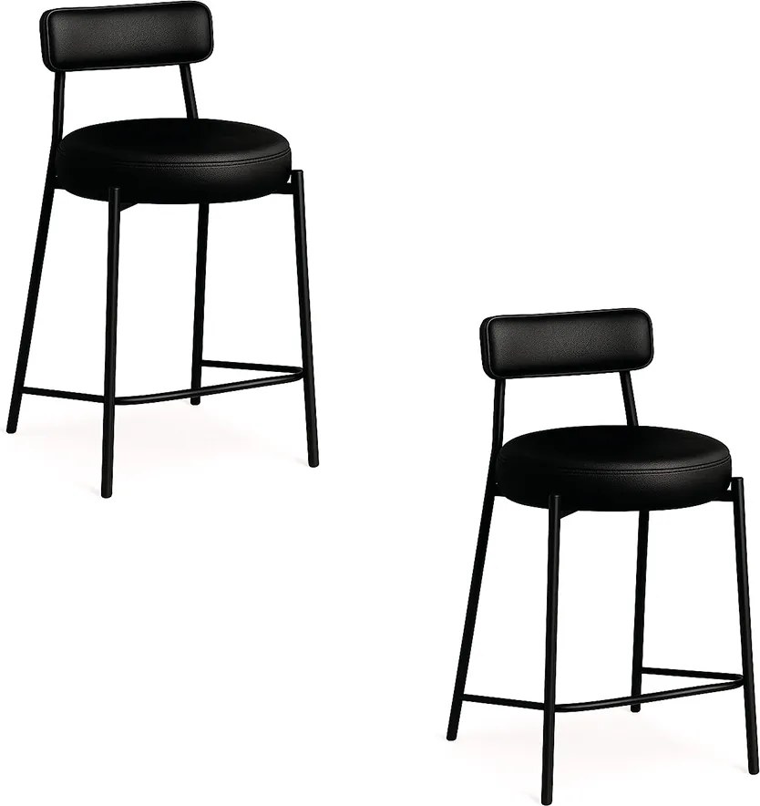 Banqueta Cozinha Alta com Encosto Industrial Preto Kit 2 Londres PU D03 - D'Rossi - Preto