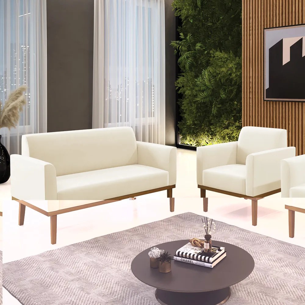 Conjunto Poltrona e Namoradeira Decorativa Isabella Pés Fixo em Madeira Castanho Veludo Bege G19 - Gran Belo
