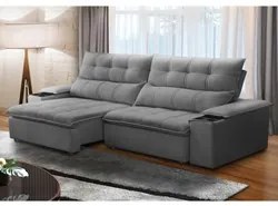 Sofá Retrátil 3 Lugares com Porta Copo 230cm Malta F05 Veludo Cinza -