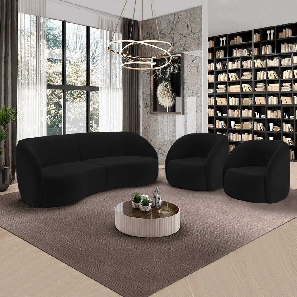 Conjunto Sofá Sala de Estar Bipartido 318cm e 2 Poltronas Clarke Veludo Preto G45 - Gran Belo