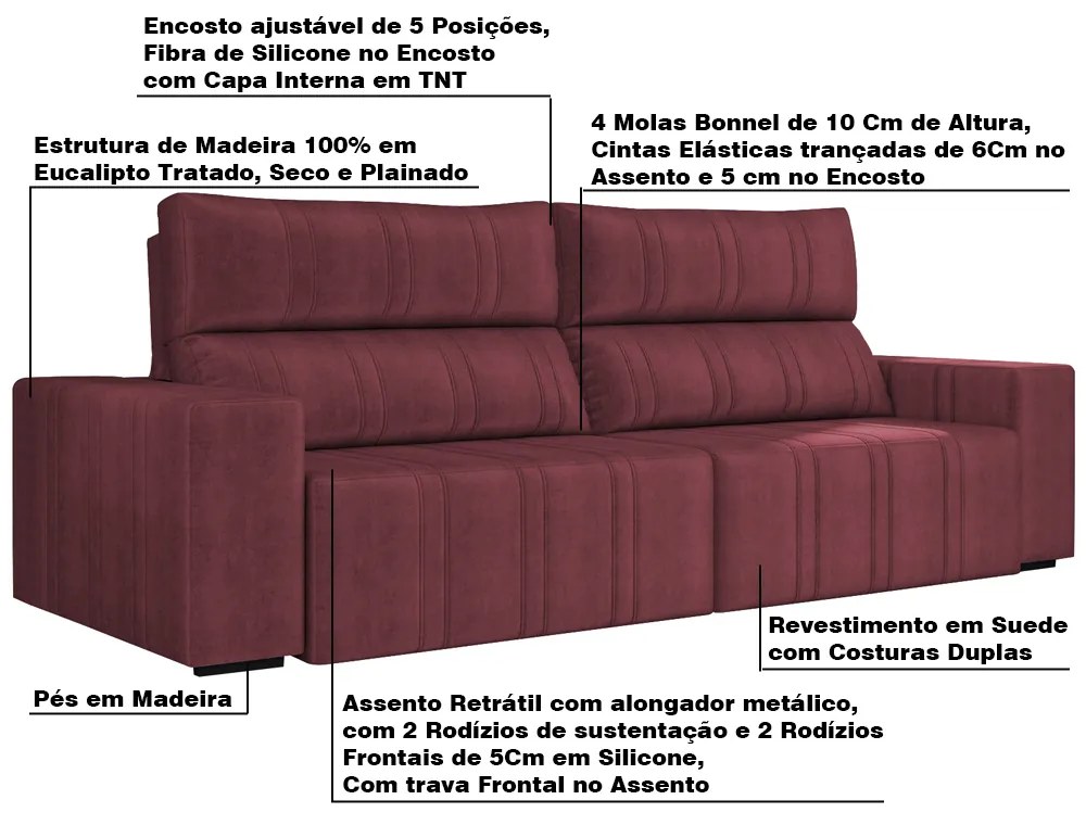 Sofá Retrátil 294 cm Sala de Estar Leonel Suede Bordô G52 - Gran Belo