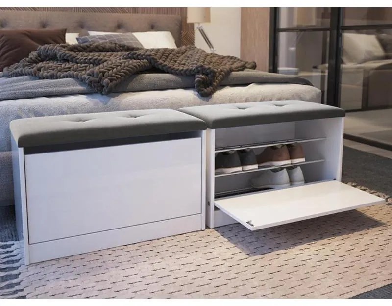 Sapateira Puff Cama Quarto Multifuncional Decoração Branco/cinza
