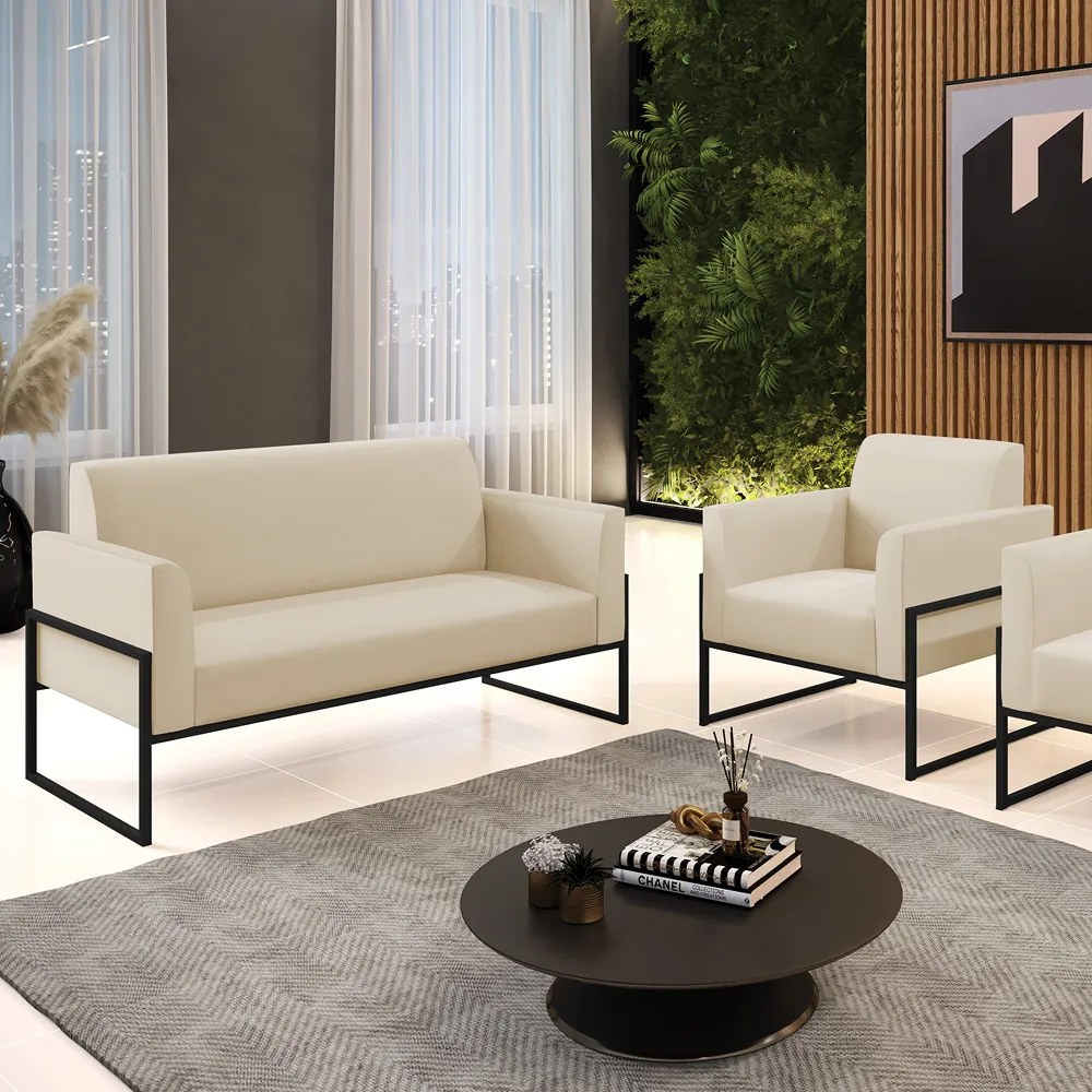 Sofá Namoradeira com Poltrona Base Industrial Alta Preto Marisa Corino D03 - D'Rossi - Bege