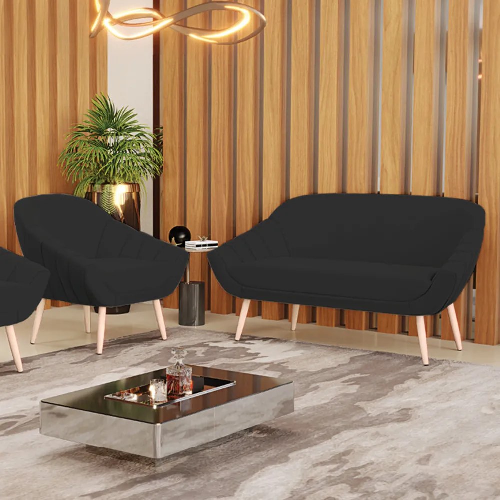 Kit 01 Namoradeira 02 Lugares e 01 Poltrona Giovana Veludo Pés Palito Natural - Indo Decorar - Preto