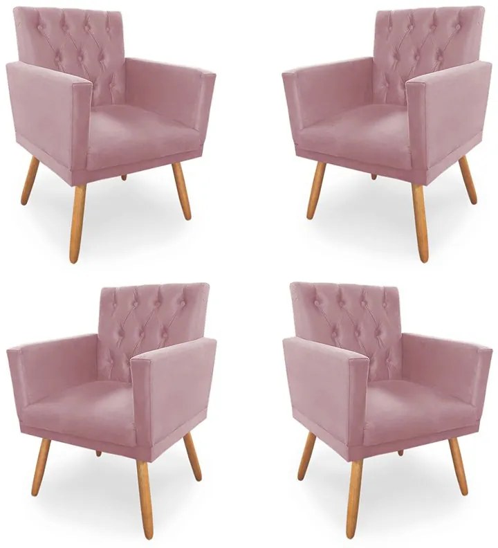 Kit 4 Poltronas Decorativas Clara Capitonê Pés Palito Suede Rosa - Sheep Estofados