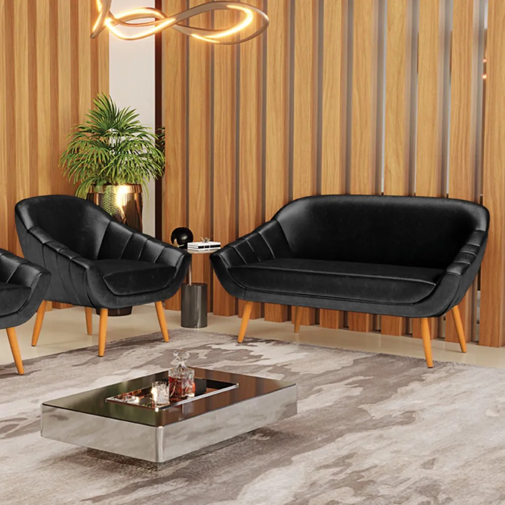 Kit 01 Namoradeira 02 Lugares e 01 Poltrona Giovana Corano Pés Palito Castanho - Indo Decorar - Preto