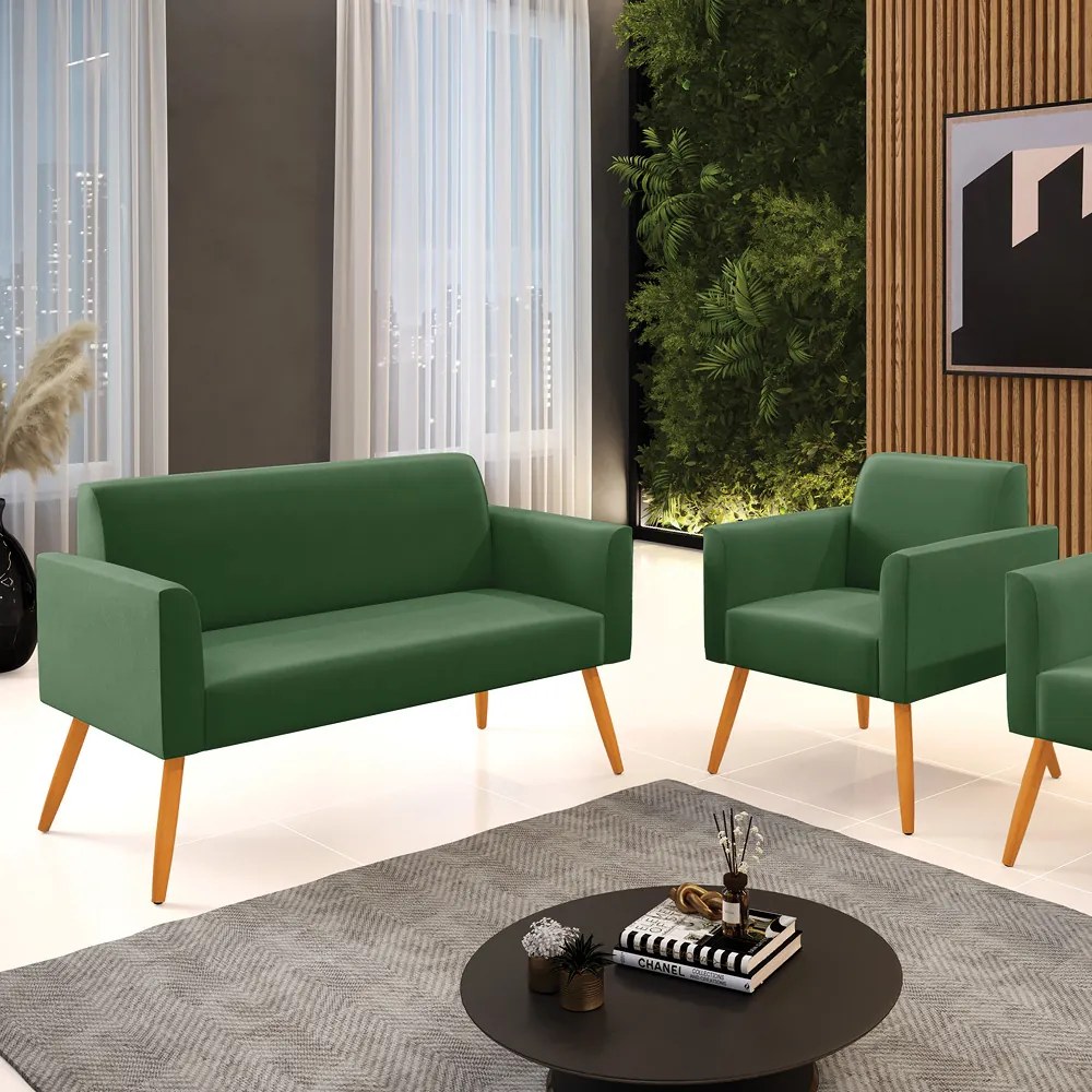 Sofá Namoradeira com Poltrona Pés Palito Castanho Marisa Suede Verde D03 - D'Rossi