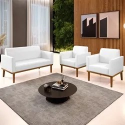 Sofá Namoradeira e 2 Poltronas Base Madeira Castanho Maressa Sintético