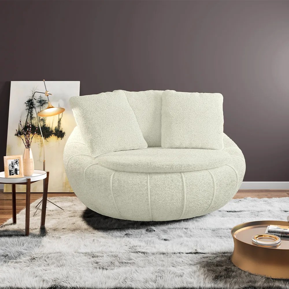 Poltrona Sala de Estar Afrodite com Almofadas Giratória Off White Bouclê G45 - Gran Belo
