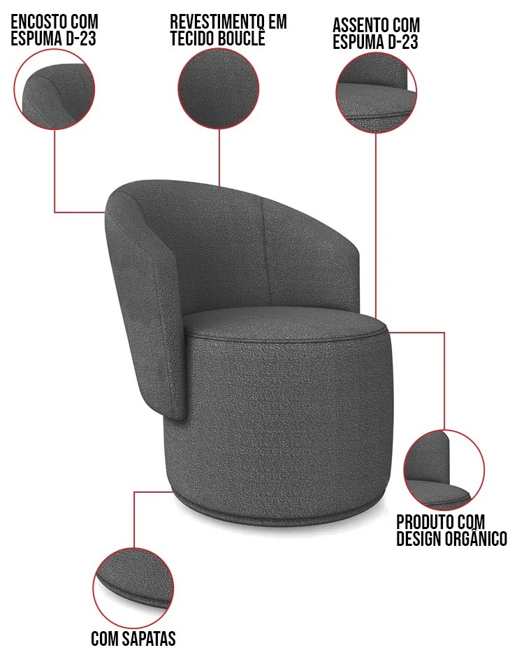 Poltrona Decorativa Orgânica Fixa para Sala Kit 2 Malu Bouclê M11 - D'Rossi - Grafite