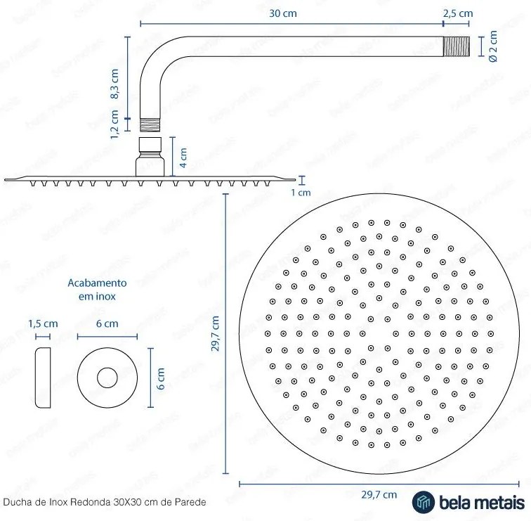 Ducha de Inox Redonda 30 cm de Parede (Escovada)