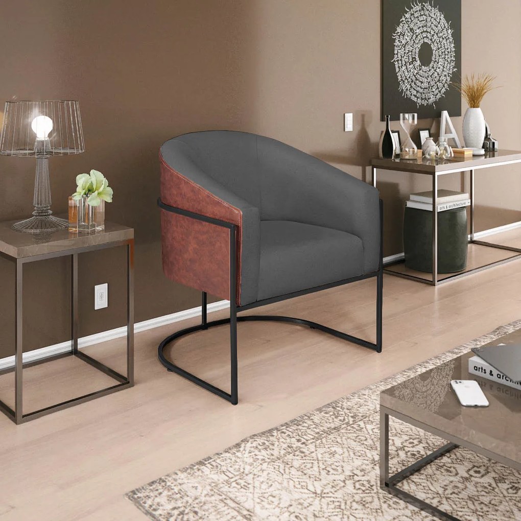 Poltrona Luiza Base de Ferro Preto Corano Nozes e Linho Cinza Escuro - ADJ Decor