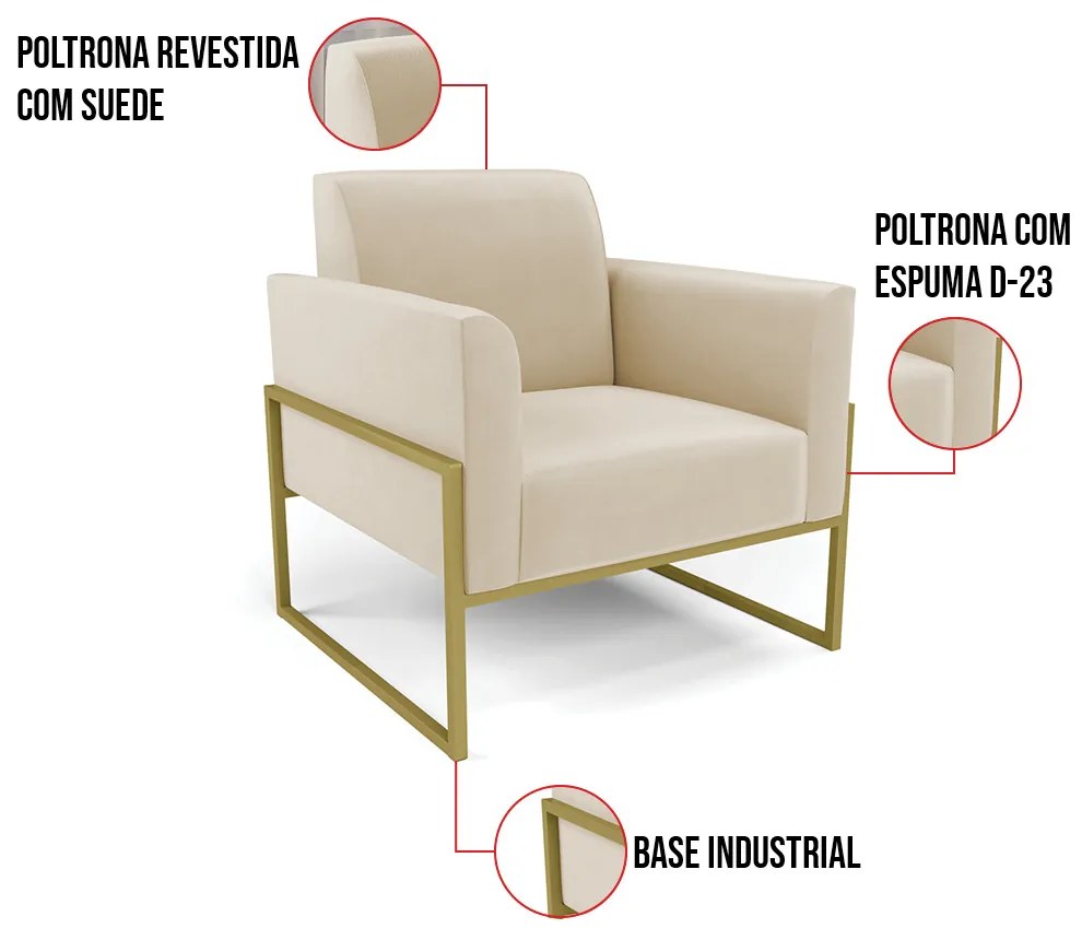 Kit 2 Poltronas Base Industrial Alta Dourado Marisa Suede D03 - D'Rossi - Bege