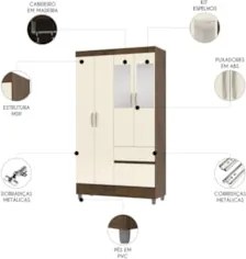 Guarda Roupa Solteiro 103cm Com Espelho Ideal Imbuia/Champanhe - Vila