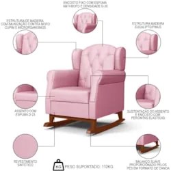 Poltrona de Amamentação Base Madeira Balanço Lucy Z39 Sintético Rosa -