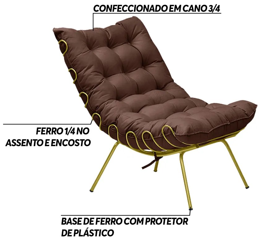 Poltrona Decorativa Sala de Estar Abel Base de Ferro Dourada Suede Chocolate G41 - Gran Belo