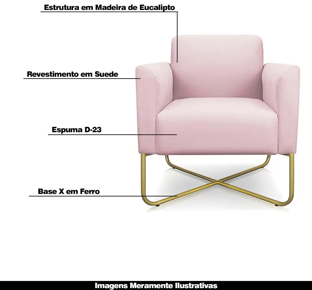Poltrona Decorativa Isabella Base X Suede Rosa Bebê/Dourado G19 - Gran Belo