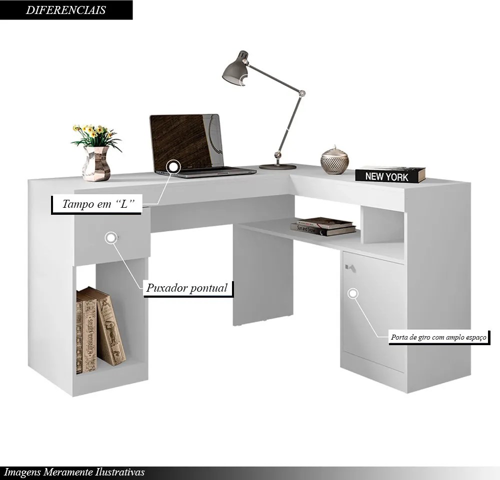 Mesa para Escritório Noma Home Tampo em L Porta e Gaveta MDP Branco G11 - Gran Belo