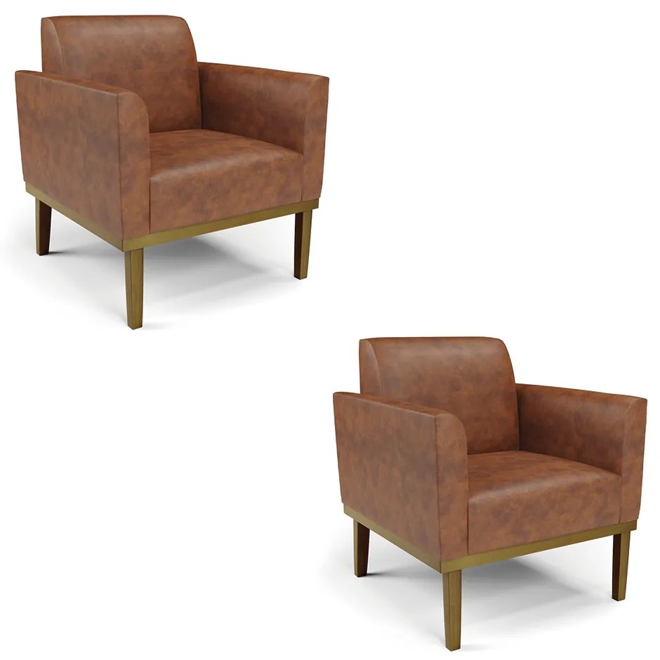 Poltrona Sala Decorativa Kit 2 Marisa Base de Madeira Sintético Pu Nozes D03 - D'Rossi
